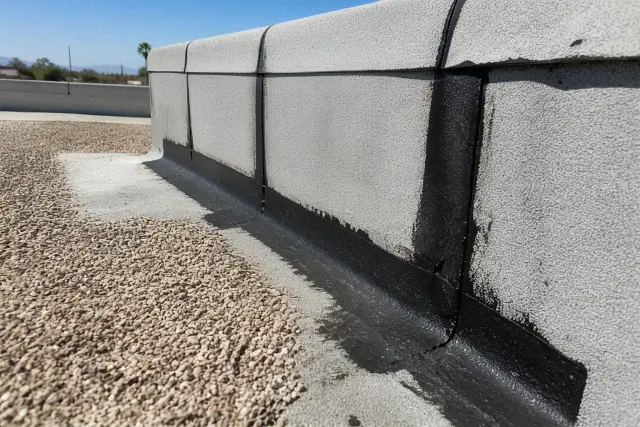 Freshly applied bituminous mastic sealing a parapet wall joint on a gravel ballast roof in Phoenix, AZ.