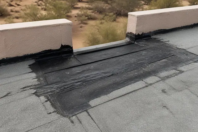 Repairing a roof expansion joint with bitumen-saturated felt on a building in Phoenix, AZ.