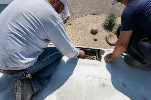A clogged metal scupper filled with dry leaves and silt on a rooftop in Phoenix, AZ.