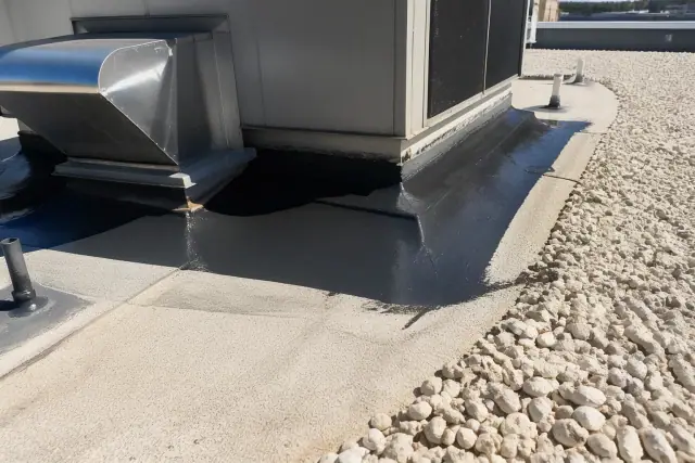 Freshly applied bitumen sealant on a commercial flat roof membrane near a ventilation unit in Tempe, AZ.