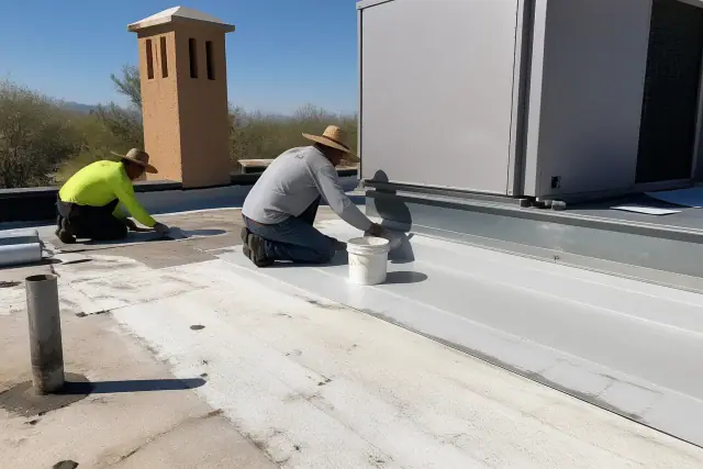 Technicians performing heat-welded membrane repairs on a rooftop HVAC unit in Goodyear, AZ.