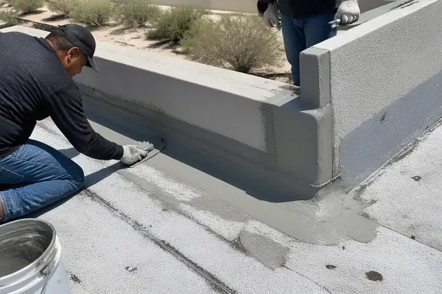 Contractor applying gray sealant to a commercial roof parapet wall in Mesa, AZ.