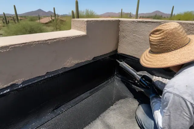 Contractor repairing a commercial flat roof parapet wall in Phoenix, AZ with reinforced bitumen and fresh sealant.