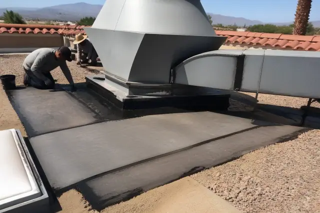 Technicians performing membrane roof repairs around a ventilation unit in Phoenix, AZ.