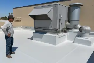 Technician inspecting clean membrane seams on a flat commercial roof in Phoenix, AZ.