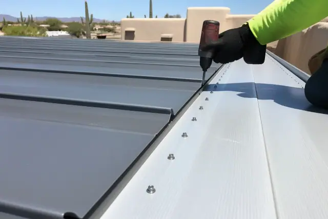 Worker installing metal roofing sheets with industrial screws on a commercial building roof in Phoenix, AZ.
