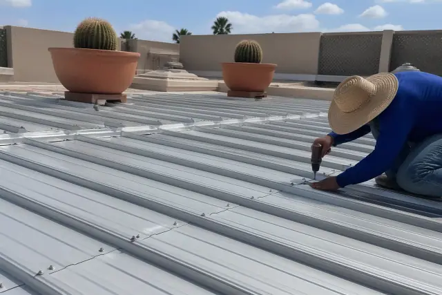 Close-up of overlapping metal roofing panels with industrial fasteners on a commercial building in Tempe, AZ.