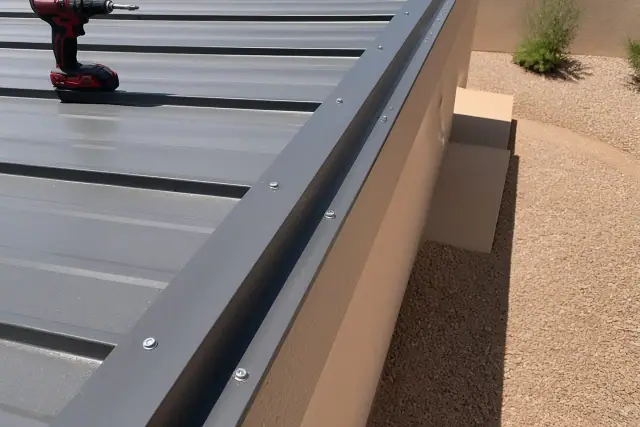 Installing metal roofing panels with industrial fasteners on a building in Chandler, AZ.