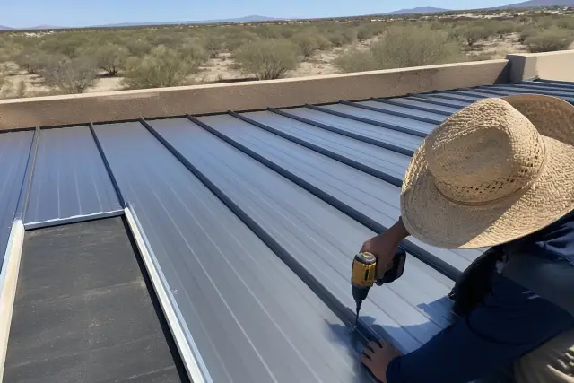 Contractor photo of overlapping metal roofing panels with industrial fasteners on a commercial building in Buckeye, AZ.