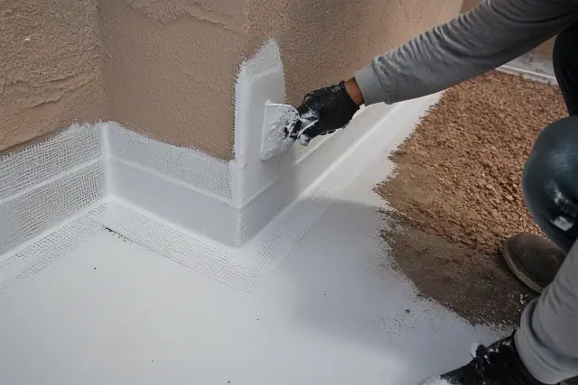 Wet white reflective roof coating applied to a parapet wall corner at a commercial job site in Phoenix, AZ.