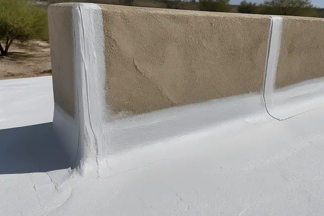 White elastomeric roof coating applied to a parapet wall on a commercial building in Scottsdale, AZ.