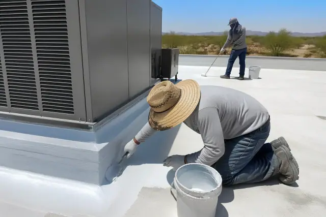 Commercial roof coating applied around a rooftop HVAC unit in Gilbert, AZ, under a clear blue sky.