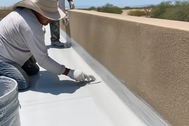 Roofers applying elastomeric coating to a parapet wall at a commercial job site in Surprise, AZ.