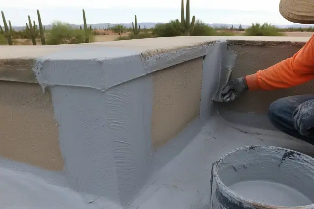Elastomeric coating applied to a metal roof parapet wall corner in Phoenix, AZ.
