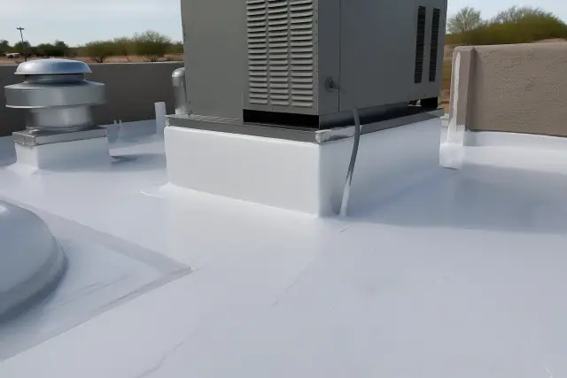 Elastomeric roof coating applied around an HVAC unit on a commercial building in Goodyear, AZ.