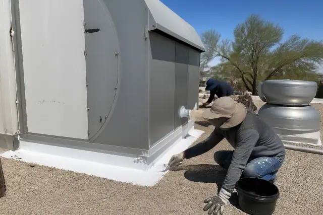 Technicians applying liquid flashing to a rooftop HVAC unit during a commercial roof inspection in Gilbert, AZ.