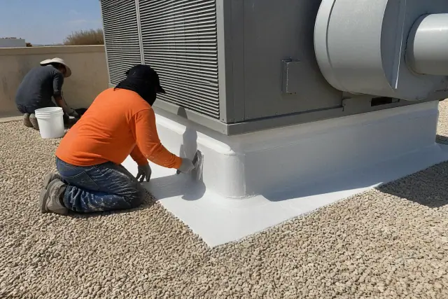 Liquid flashing applied around a rooftop ventilation unit during a commercial roof inspection in Buckeye, AZ.
