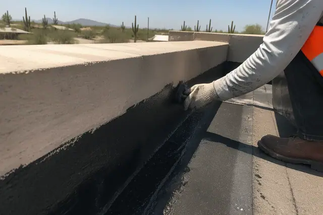 Technician sealing a modified bitumen roof joint at a parapet wall in Phoenix, AZ.