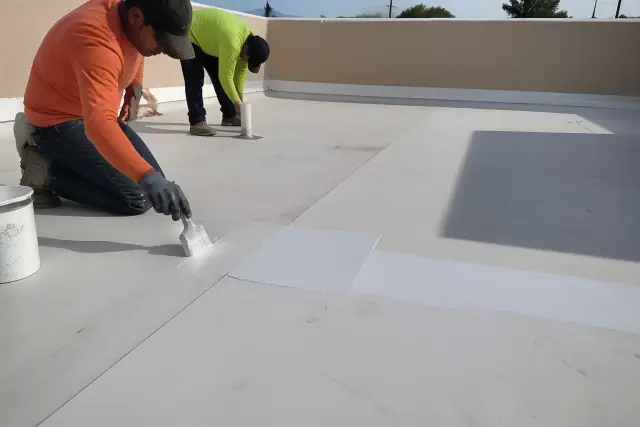 Contractor photo of a reflective coating patch on a TPO roof seam in Phoenix, AZ with tan gravel and a stucco parapet.