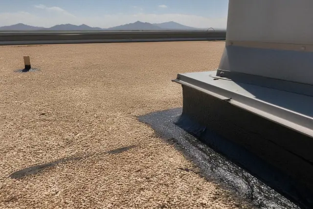 Freshly applied dark elastomeric sealant on a gravel rooftop in Mesa, AZ, with a desert mountain silhouette.
