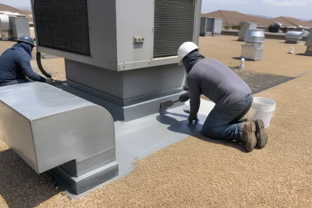 Technicians performing roof membrane detailing around an HVAC unit on a commercial building in Chandler, AZ.