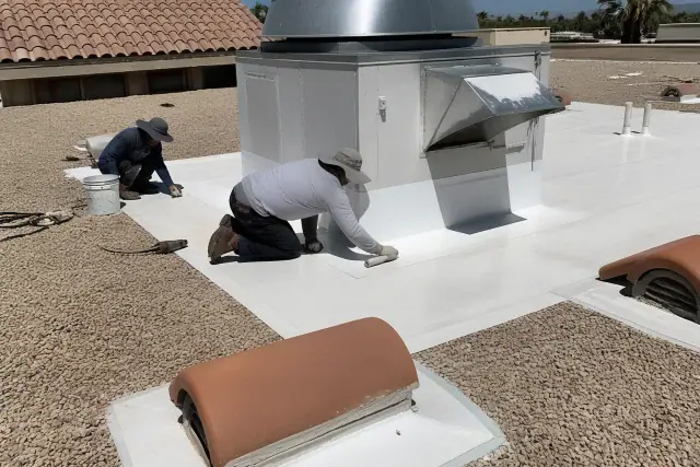 Technician inspecting heat-welded membrane repairs on a rooftop HVAC unit in Phoenix, AZ.