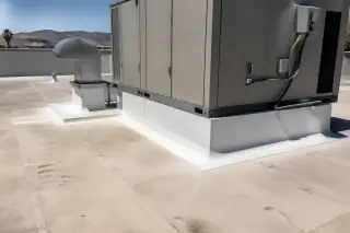 Roof membrane detailing around a ventilation unit on a concrete roof with mountain views in Phoenix, AZ.