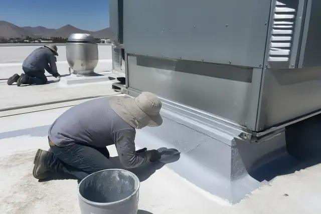 Technicians applying liquid flashing to a rooftop HVAC unit during commercial roof maintenance in Scottsdale, AZ.