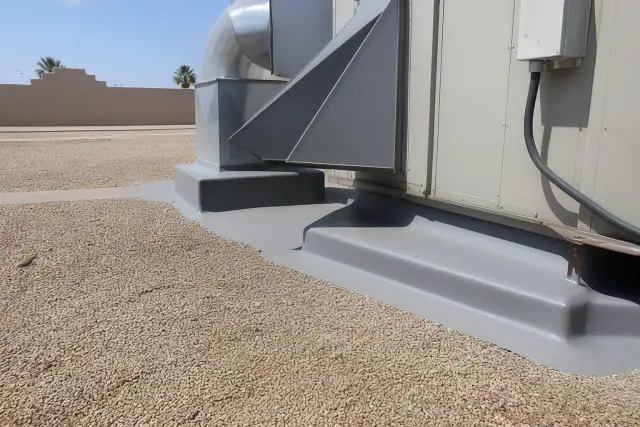 Fresh grey elastomeric coating applied around a rooftop HVAC unit at a commercial building in Gilbert, AZ.