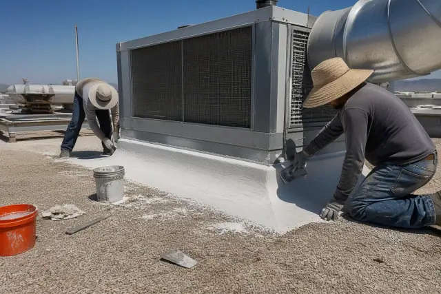 Technicians applying roofing mastic to a ventilation unit on a gravel roof in Phoenix, AZ.