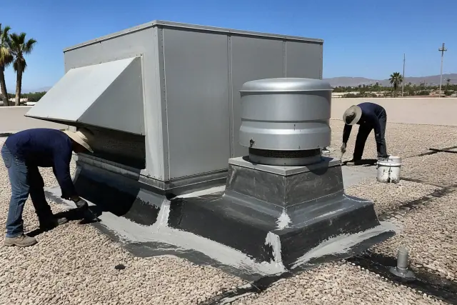 Technicians applying sealant to a roof ventilation unit on a commercial building in Phoenix, AZ.