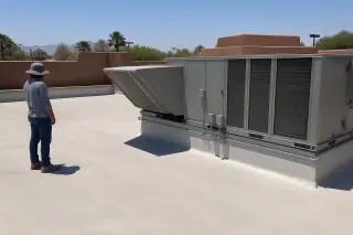 Cleaned rooftop area around an HVAC unit with sun-bleached gravel and a stucco parapet in Phoenix, AZ.