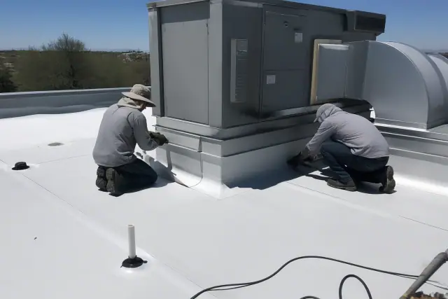 Technicians installing TPO membrane roofing around an HVAC unit on a commercial roof in Glendale, AZ.