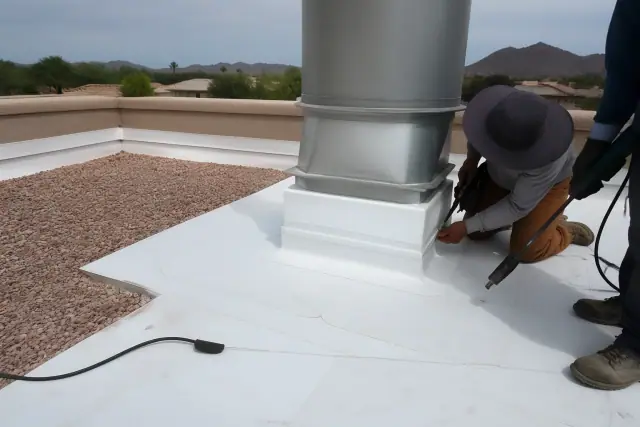 Technicians installing a TPO membrane roof around a ventilation curb in Scottsdale, AZ.
