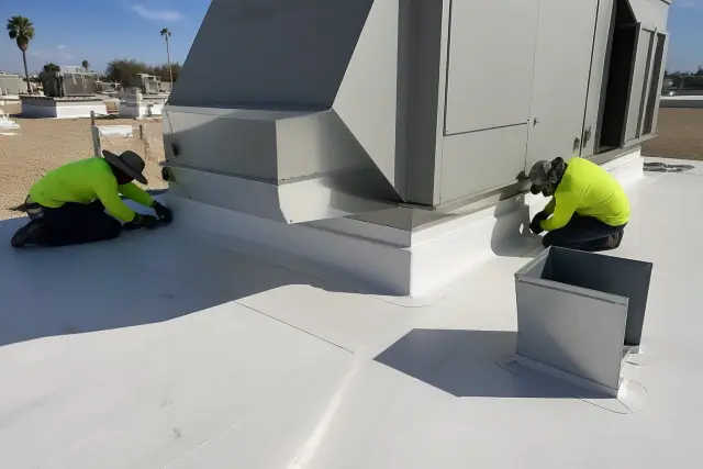 Technicians performing membrane detailing on a new TPO roof around an HVAC unit in Mesa, AZ.