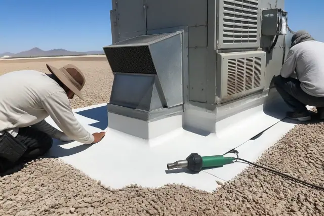 Technicians performing a TPO roof inspection on a commercial building in Phoenix, AZ.