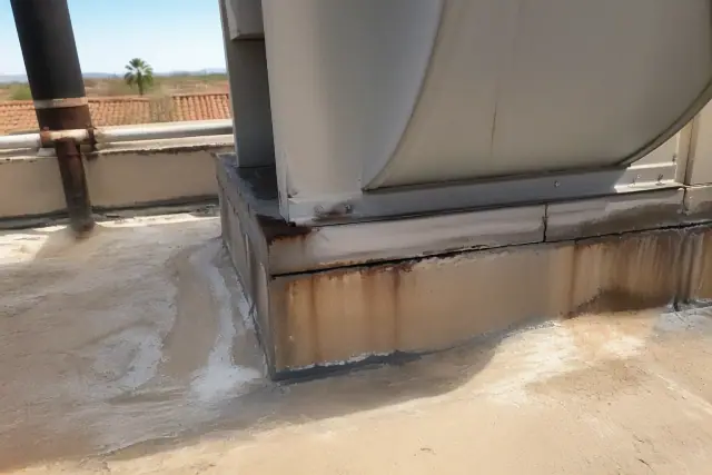 Failed flashing with cracked mastic and rust at a rooftop HVAC unit in Phoenix, AZ.