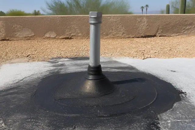 Rubber boot flashing installed around a plumbing vent pipe on a built-up roof in Phoenix, AZ.