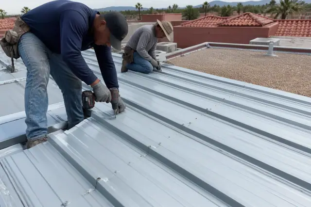 Technicians fastening overlapping metal roofing panels with industrial screws on a commercial building in Phoenix, AZ.