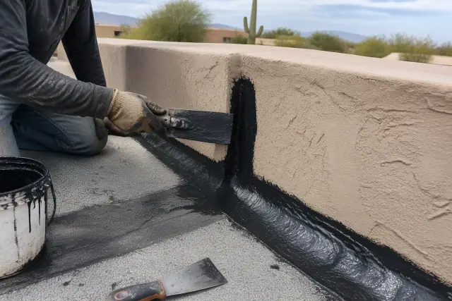 Fresh bitumen sealant applied to a parapet wall corner during a flat roof repair in Phoenix, AZ.
