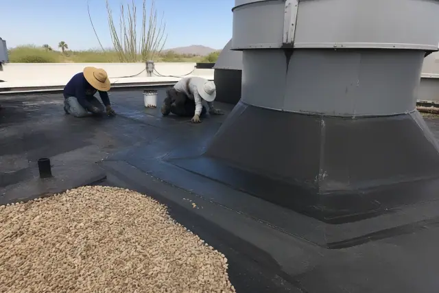 Technicians installing four-ply built-up roofing layers with gravel ballast on a Phoenix, AZ jobsite.