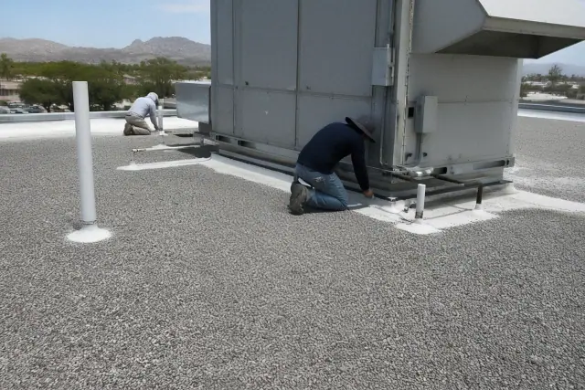 Gravel-surfaced built-up roofing on a commercial rooftop with a ventilation unit in Phoenix, AZ.