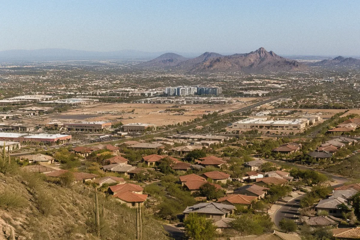Aerial view of residential neighborhoods, desert foothills, and arterial roads in Phoenix, AZ during late afternoon.