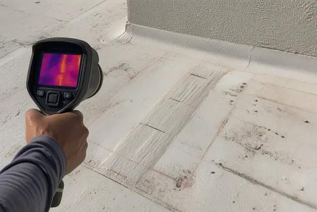 Thermal camera pointed at a patched roof seam on a white membrane surface during a commercial inspection in Phoenix, AZ.