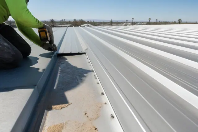 Contractor installing overlapping metal roofing panels with industrial fasteners on a building in Phoenix, AZ.