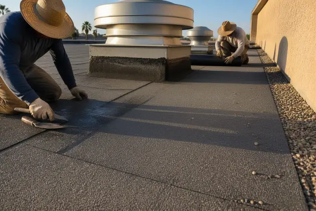 Technicians installing mineral cap-sheet built-up roofing near a stucco wall in Phoenix, AZ.