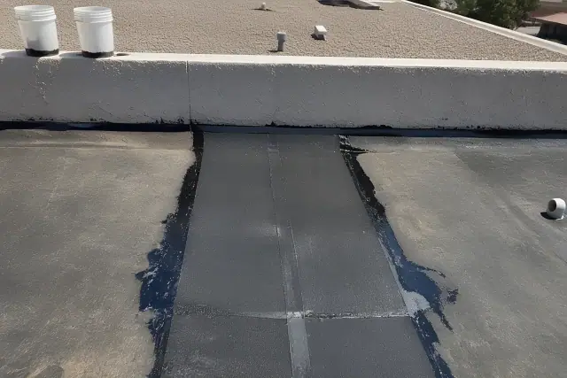 Modified bitumen roof expansion joint repair with torch-down membrane seams on a jobsite in Phoenix, AZ.