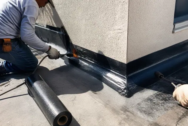 Contractor sealing a modified bitumen roof seam on a commercial building in Phoenix, AZ.