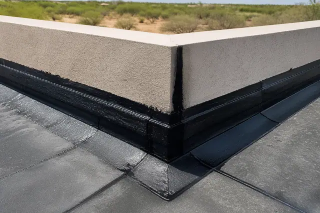 Close-up of a modified bitumen commercial roof installation on a stucco parapet wall in Gilbert, AZ.