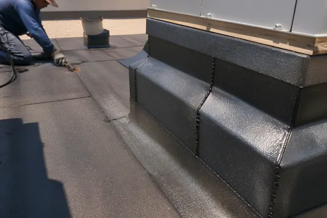 Modified bitumen roof membrane with heat-welded seams and gravel ballast on a commercial building in Surprise, AZ.